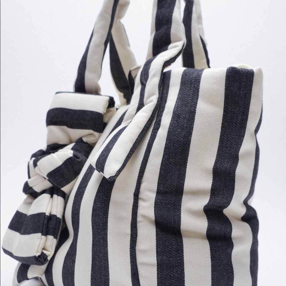 NWT Zara Blue White Maxi Bow striped shoulder shopper - Picture 6 of 7